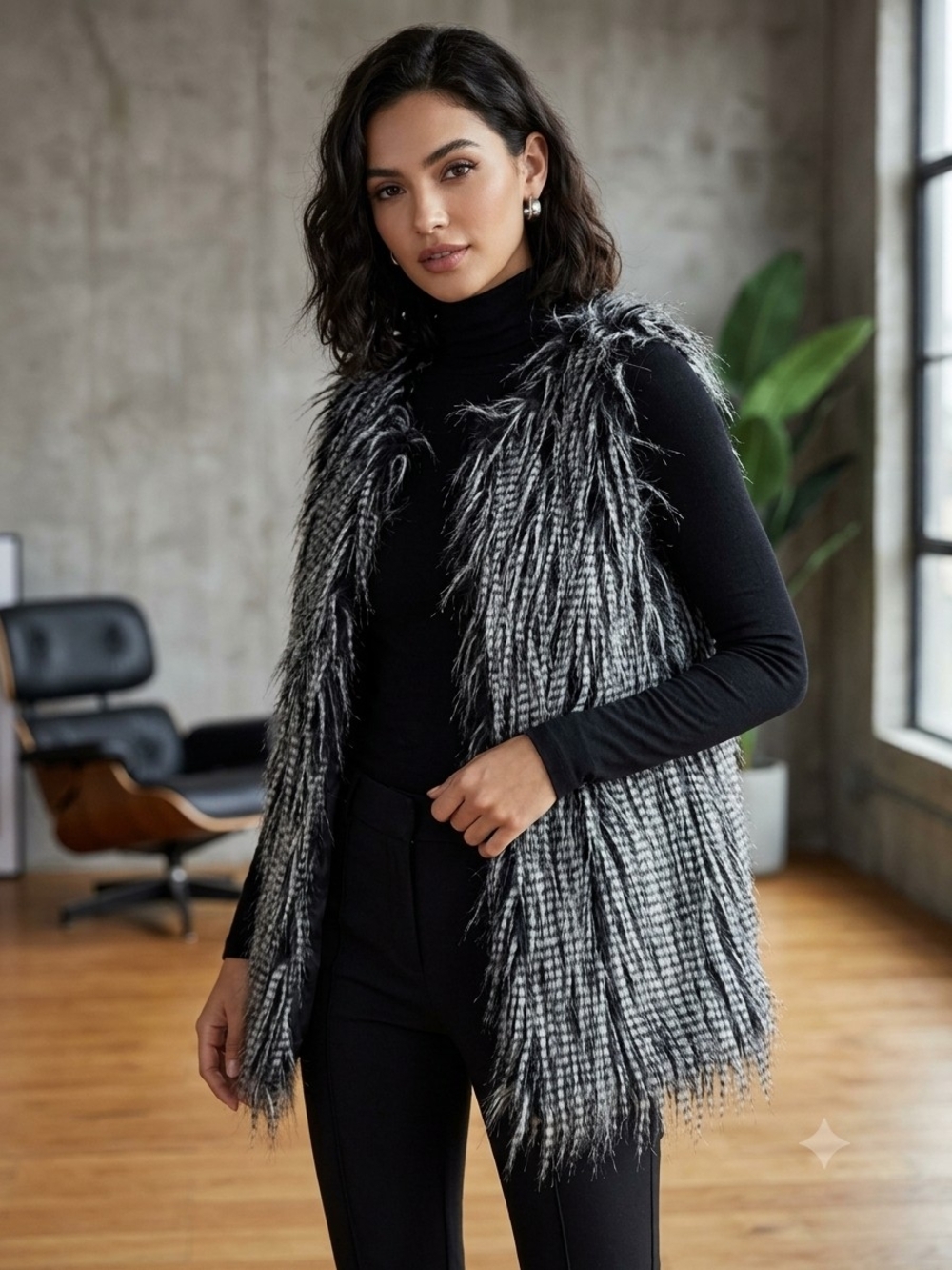 GB Girls Black & Gray Faux Fur Shag Vest